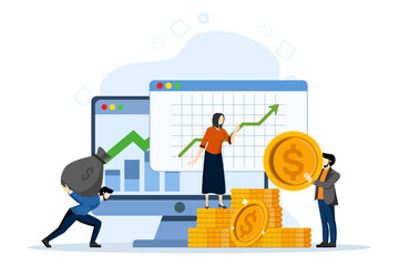 Concept of ROI, return on investment, financial solutions. People invest money. Woman managing financial chart. Vector illustration in flat design for UI, web banner, mobile app.