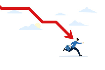 depression or investment risk concept, crisis or collapse, business failure, economic recession or investment loss or stock market crash, failed businessman running away from falling arrow chart.