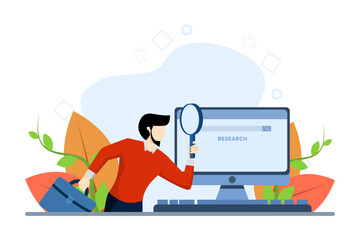 search concept. Find a job or do research in marketing. Find a new solution. Brand research information. Businessman looking for job with magnifying glass. flat vector illustration.
