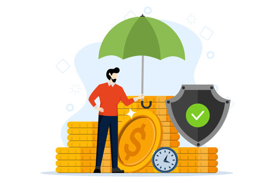 Financial insurance concept. People save money and protect bank deposits. money protection investment security concept, guarantee. Financial savings insurance. Vector illustration in flat design.