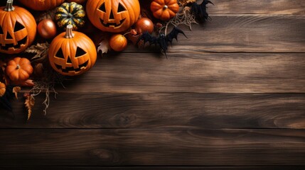 Halloween composition with copy space, postcard with pumpkins, spiders, cobwebs and autumn leaves on a wooden table background.