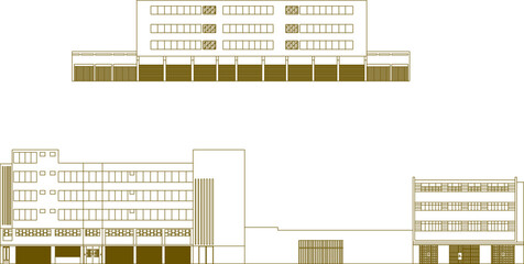 Vector sketch illustration of modern minimalist self-service mall architectural design in the middle of a big city center 