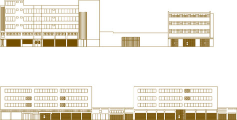 Vector sketch illustration of modern minimalist self-service mall architectural design in the middle of a big city center