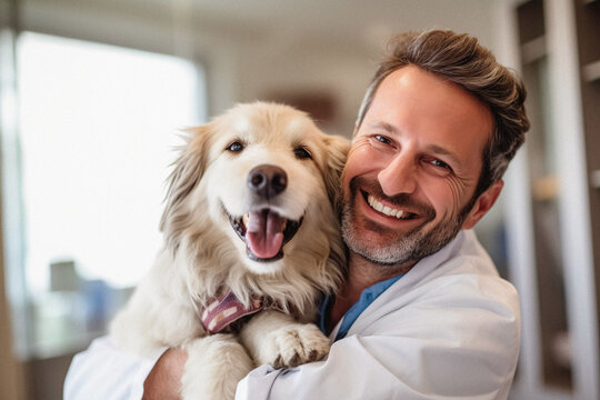 Young beautiful veterinarian man smiling confident hugging dog at clinic. concept of care for animals and pets. generative ai.