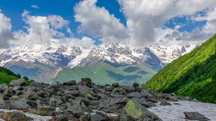 Obraz premium Mountain landscape with alpine meadows, glaciers and snow-capped peaks