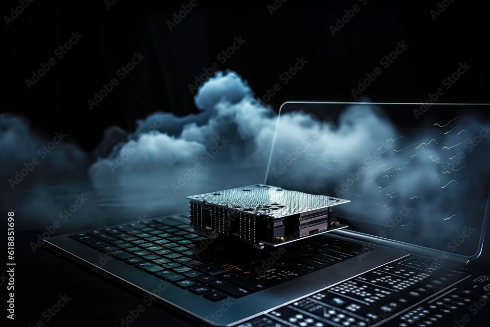Poster laptop with cloud storage on screen with flying server on dark background, created with generative a