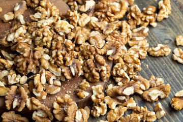 Walnut kernel on the kitchen table during cooking