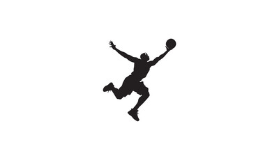 Fototapeta na wymiar a vector of a man jumping to hold a basketball in his hand black design flat on white background