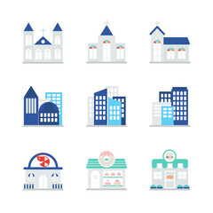 Fototapeta premium Flat icons about churches and various buildings. 