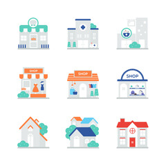 Icons for medical facilities and various shops.
