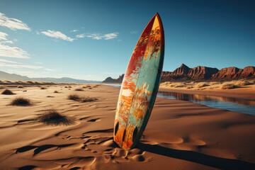 Lost surfboard in the sand