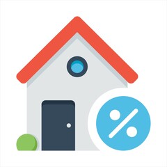 Loan house percent icon. Discount sign. Credit percentage symbol. Quality design element. Classic style icon. Vector.Mortgage rate vector icon. Colored house, in flat style. Isolated on white backgrou