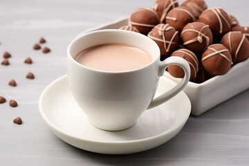 Cocoa chocolate bombs with white cup of hot milk Trendy delicious drink. Sweet bomb for melt in milk. Generative AI.