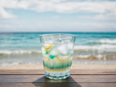 Cold drink in galss cup with beach ocean background