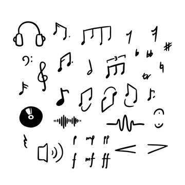 Set of Hand drawn Music Notes and Symbols icons. Doodles and sketches. Vector