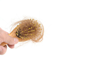 Hair loss and comb, hair loss every day, serious problems and hair loss on a white background. 