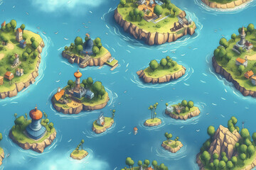 AI generative cartoon seamless pattern background of small islands in sea