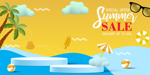 Vector 3D Illustration summer sale display 3D podium for mock up and background.