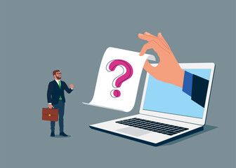 Businessman stand near a large question mark. FAQ. Flat vector illustration. 