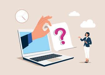 Businesswoman stand near a large question mark. Frequently Asked Questions. Vector illustration. 