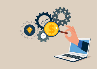 Investor through the laptop with magnifier dollar money from cog gear production. Optimize cost and expense for better profit strategy. Vector illustration