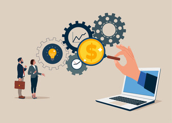 Business people and Investor through the laptop with magnifier dollar money from cog gear production. Optimize cost and expense for better profit strategy. Vector illustration