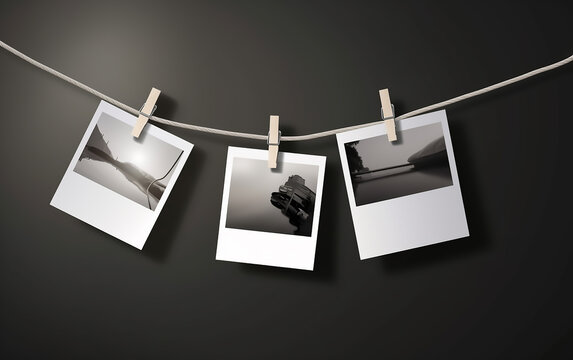 White photo frames hanging on rope. Generative AI technology.