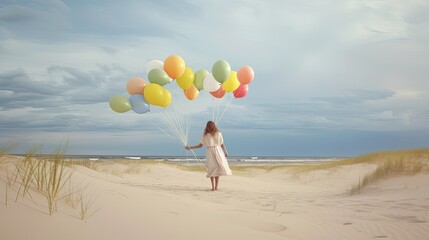 Illustration of a Young woman with colorful balloons in the desert, summer concept, ai generative