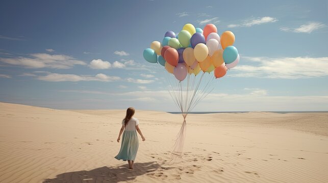 Illustration of a Young woman with colorful balloons in the desert, summer concept, ai generative