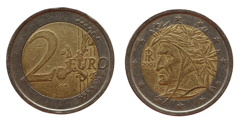 Portrait of Dante Alighieri by Raphael on two euro coin Italy with Europe map, 2002