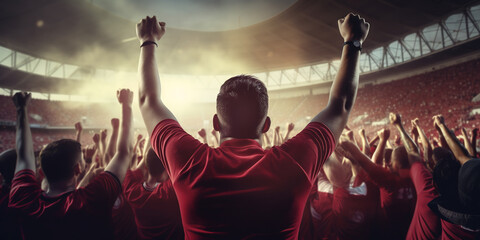 Football back view, football fans applaud their team while holding a flag in a crowded stadium in the evening. The concept of sport, cup, world, team, event, competition, emotions.ai generative