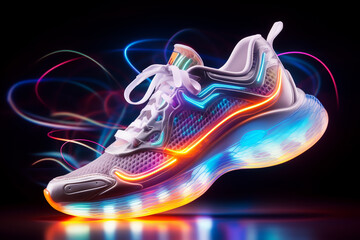 shoes for sports and fitness, running and speed. sneakers of the future with neon glow. ai generative - obrazy, fototapety, plakaty
