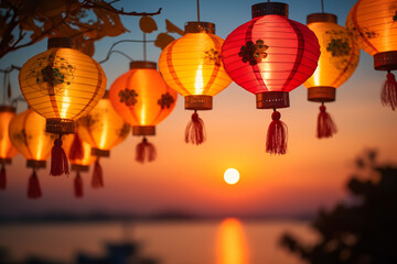 Fototapeta Red chinese lantern in mid-autumn festival.ai generative obraz