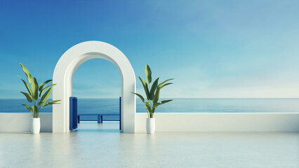Obraz na płótnie Canvas Luxury villa resort gate door to sea view - Santorini island stlye - 3D rendering 