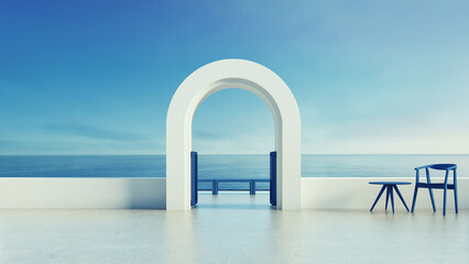 Obraz na płótnie Canvas Luxury villa resort gate door to sea view - Santorini island stlye - 3D rendering 