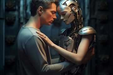 Plakat Love relationship between a human and a robot. The connection of human feelings. Future attitud. female android ciborg robot artificial intelligence, robotization and automatization. Generative AI
