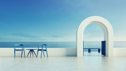 Luxury villa resort gate door to sea view - Santorini island stlye - 3D rendering  - 618859658