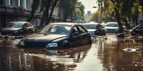Flooded cars on a city street. street after heavy rain. Severe weather concept.ai generative
