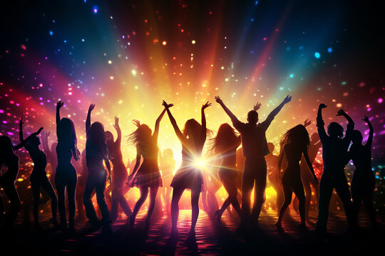 Young happy people are dancing in the club. Nightlife and disco concept.ai generative