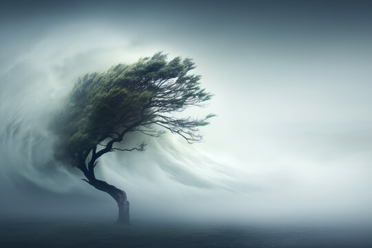 Lonely tree in the fog fighting strong wind.ai generative