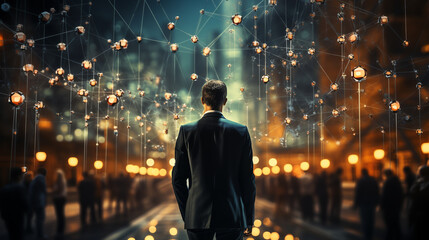 businessman in metaverse, digital transformation conceptual for next generation technology era. ai generative