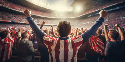 Football back view, football fans applaud their team while holding a flag in a crowded stadium in the evening. The concept of sport, cup, world, team, event, competition, emotions.ai generative - obrazy, fototapety, plakaty