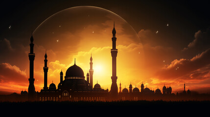 Islamic, Silhouette mosques on dusk sky twilight with crescent moon over mountain, religion of Islam and free space for text Ramadan Kareem, Eid Al Fitr, Eid Al Adha, Eid Mubarak. ai generative