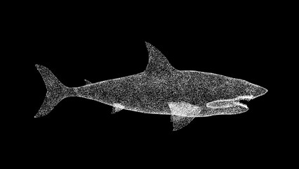 3D Shark on black background. Object made of shimmering particles. Wild animals concept. Protection of the environment. For title, text, presentation. 3d animation.