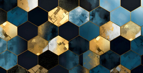 Abstract technology background with blue, black, gray and gold hexagons. Banner.
