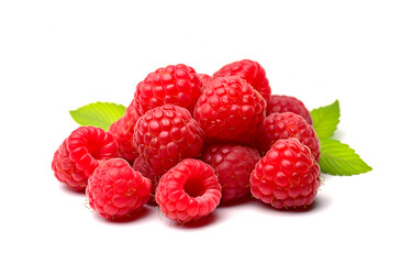 Ripe raspberries with green leaves on a white background close-up.