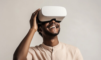 Man wearing virtual reality glasses for product advertisement
