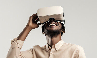 Man wearing virtual reality glasses for product advertisement