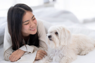 Cheerful woman in casual clothes spending her free time on vacation playing with cute pet at home.