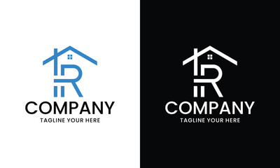 Obraz premium Abstract monogram letter R with house logo icon design on a black and white background.